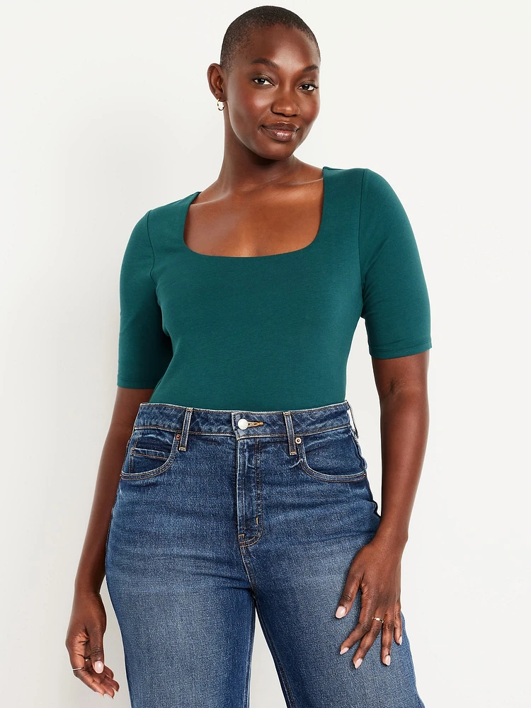 Double-Layer Elbow-Sleeve Scoop-Neck T-Shirt