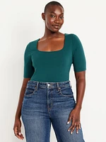 Double-Layer Elbow-Sleeve Scoop-Neck T-Shirt