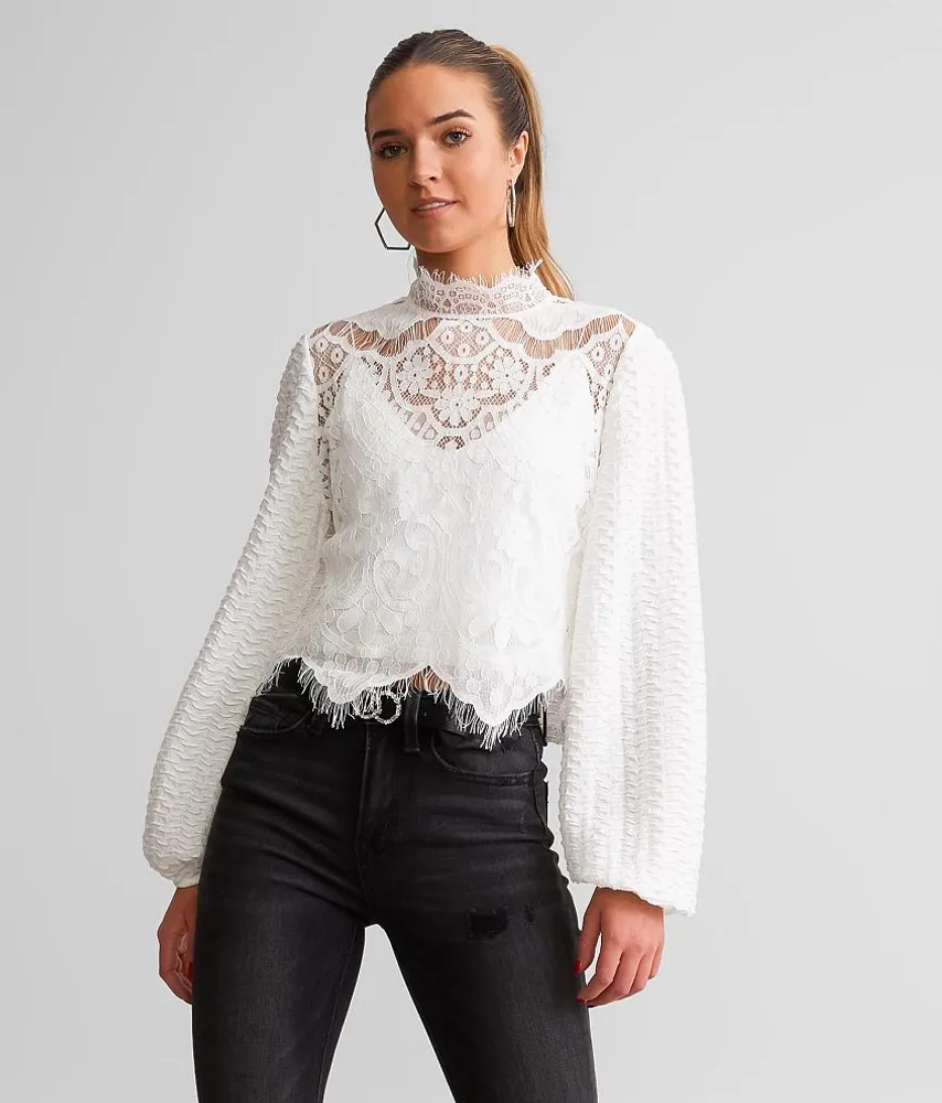 A. Peach Sheer Eyelash Lace Cropped Top