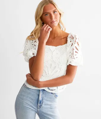 A. Peach Crochet Square Neck Top
