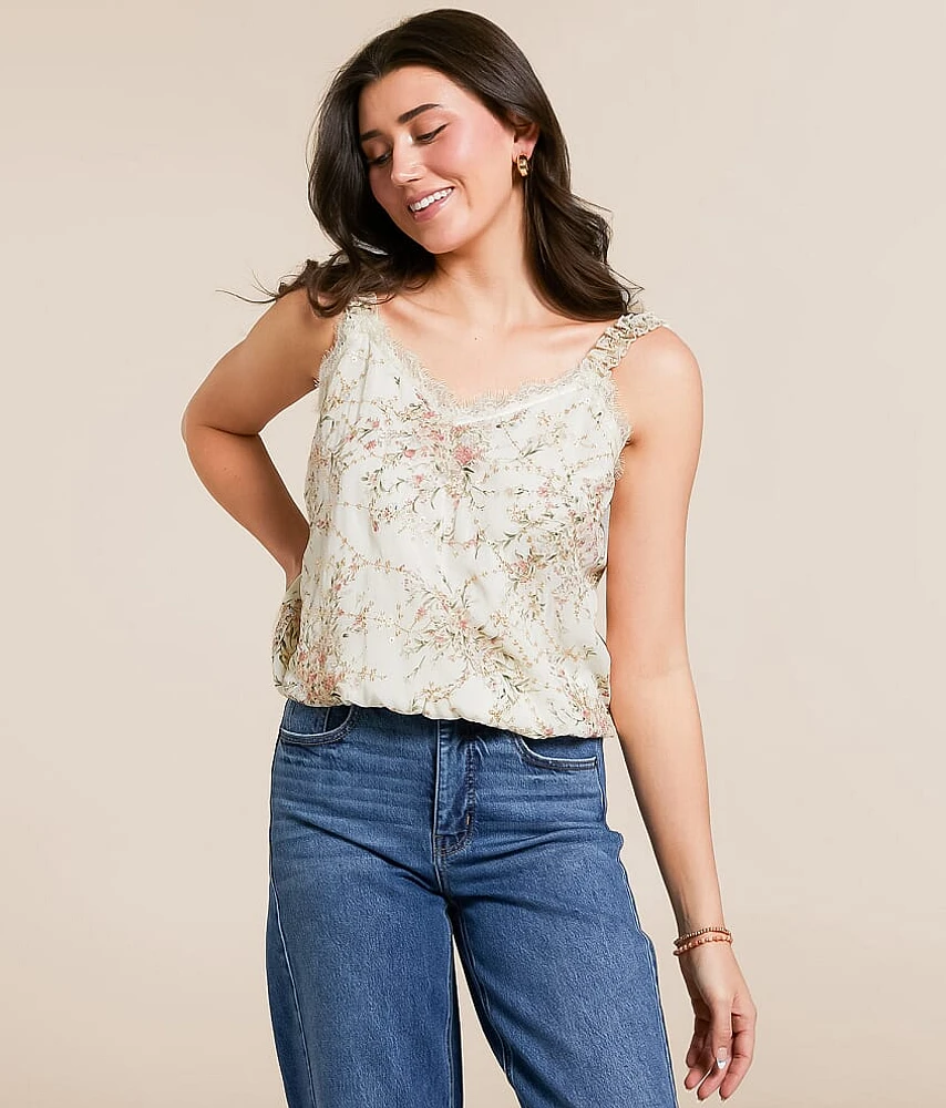 Daytrip Metallic Embroidered Floral Chiffon Tank Top