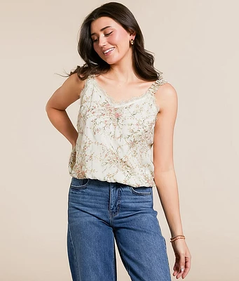 Daytrip Metallic Embroidered Floral Chiffon Tank Top