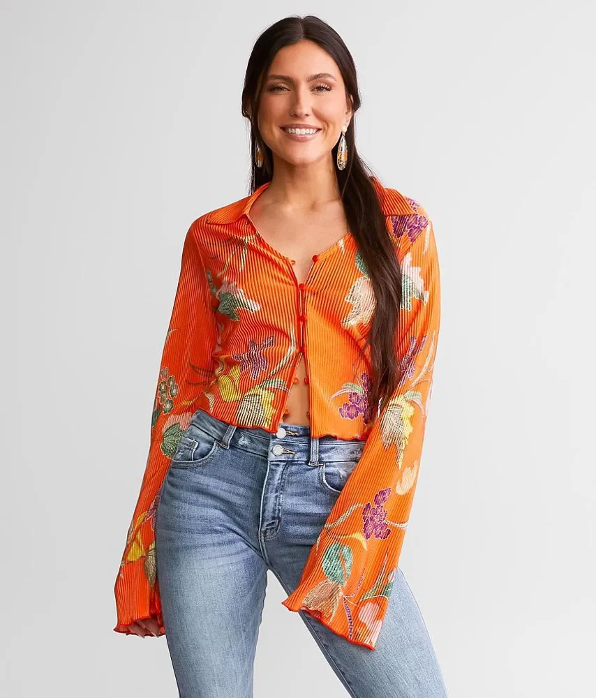 Pleated Floral Cropped Blouse