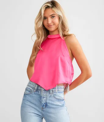 Blue B Rhinestone Fringe Satin Cropped Tank Top