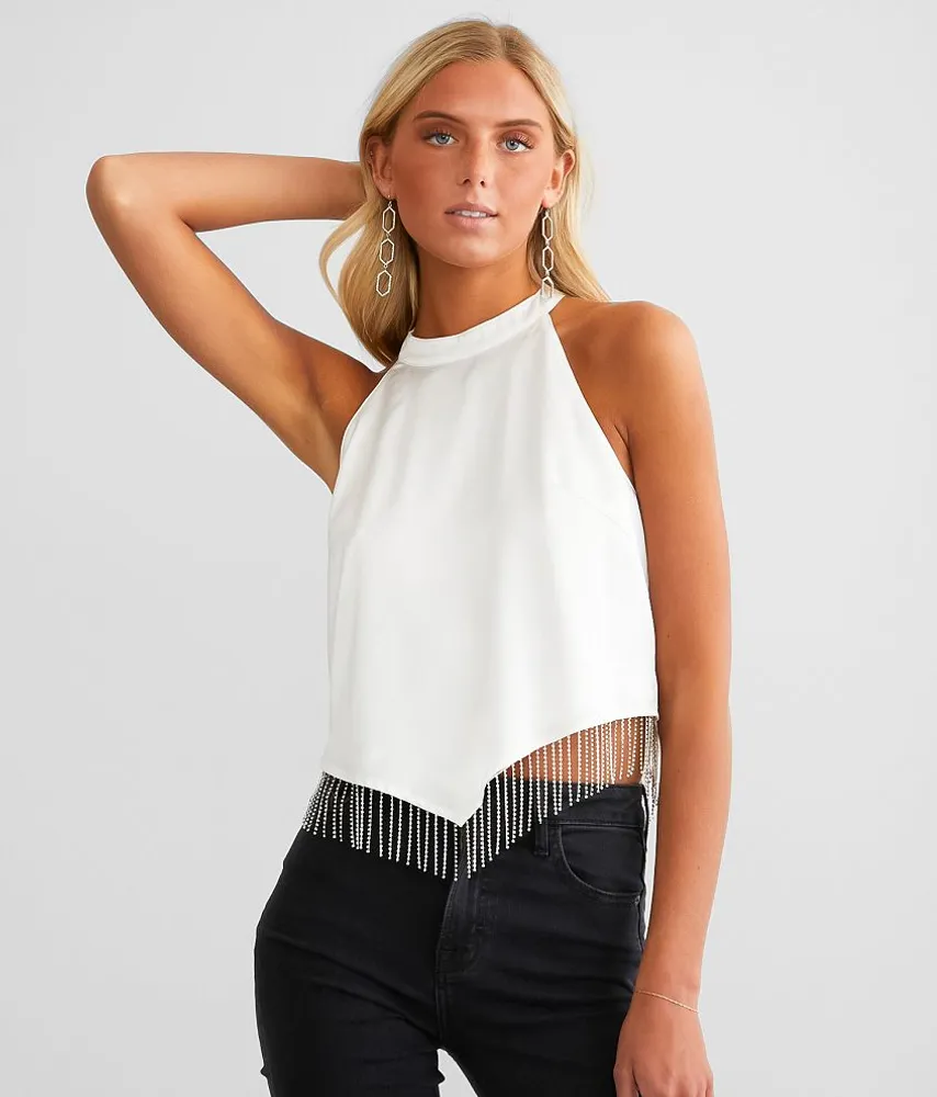 Rhinestone Fringe Satin Cropped Tank Top