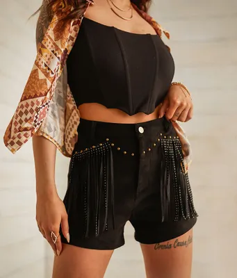 Sterling & Stitch High Rise Rhinestone Fringe Short