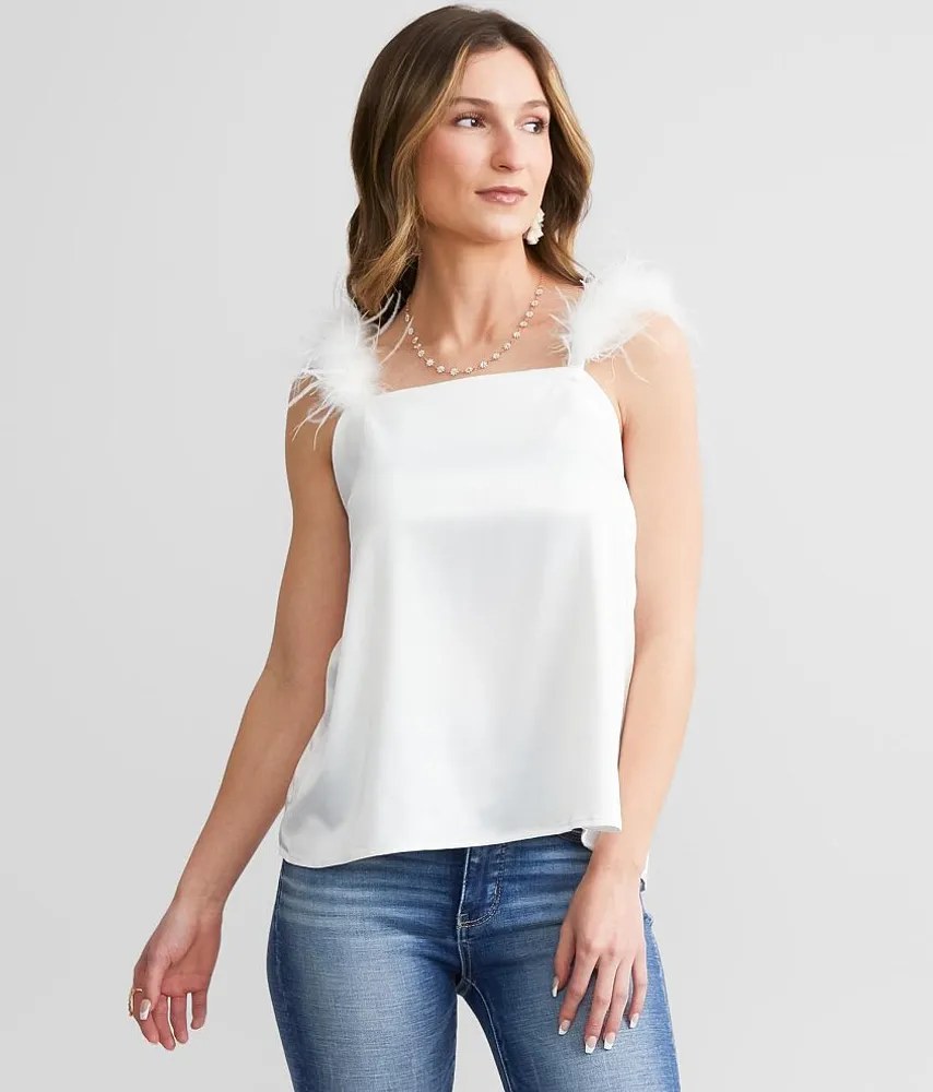 Feather Trim Satin Tank Top