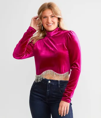 Blue B Velvet Rhinestone Fringe Top