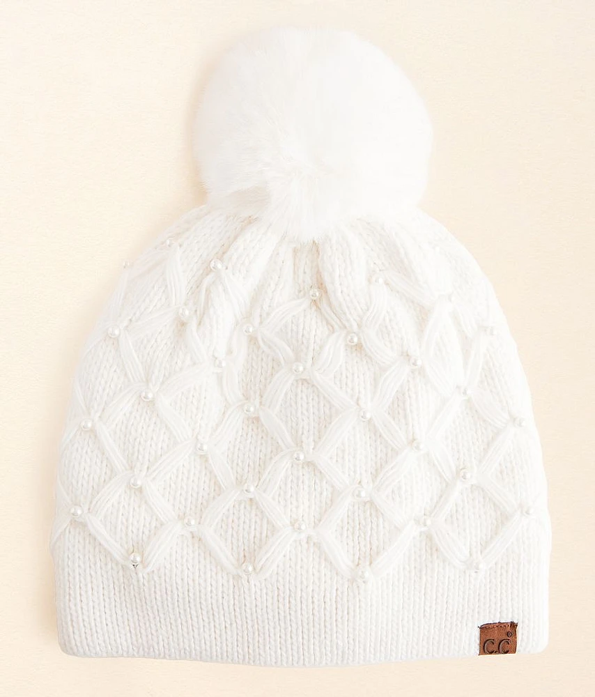Faux Pearl Pom Beanie