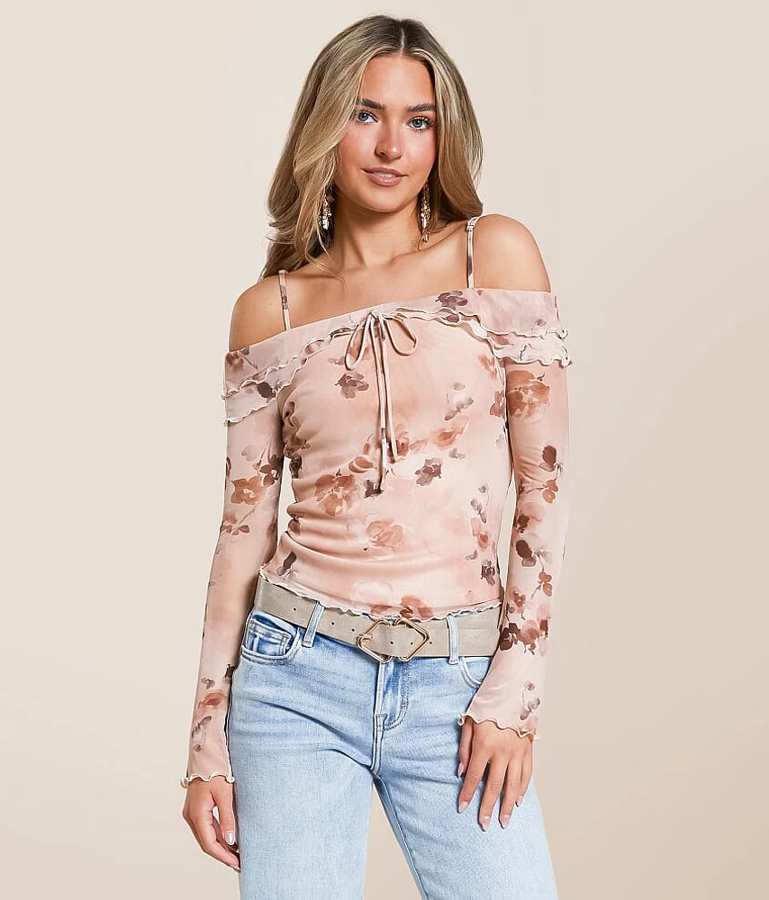 Willow & Root Floral Mesh Cold Shoulder Top