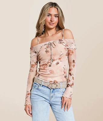 Willow & Root Floral Mesh Cold Shoulder Top