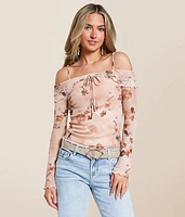 Willow & Root Floral Mesh Cold Shoulder Top