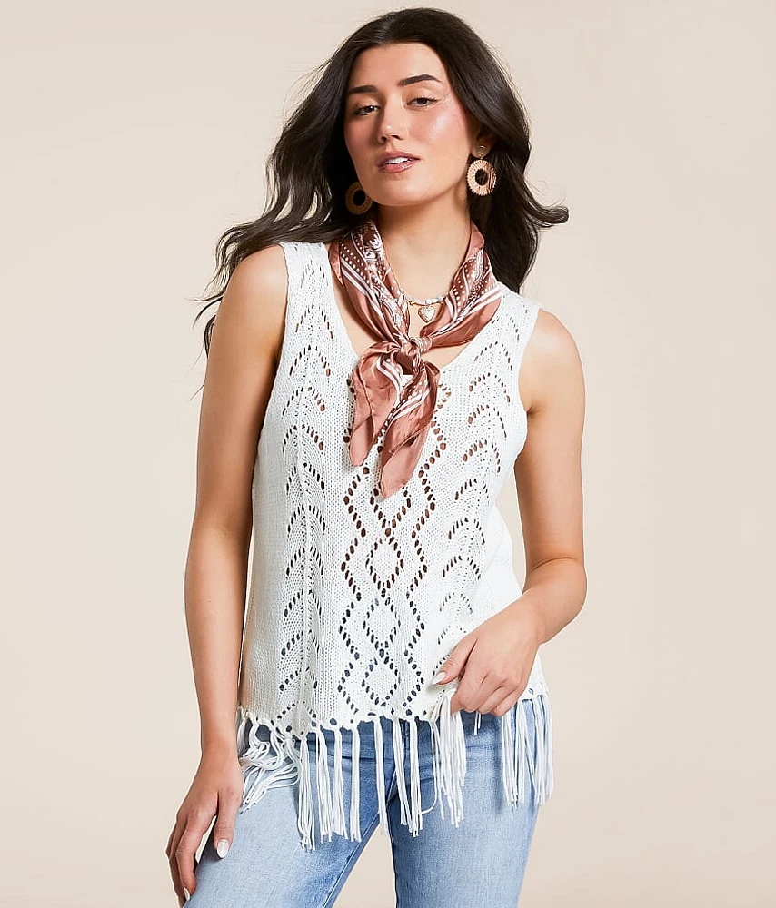 Daytrip Pointelle Fringe Sweater Tank Top
