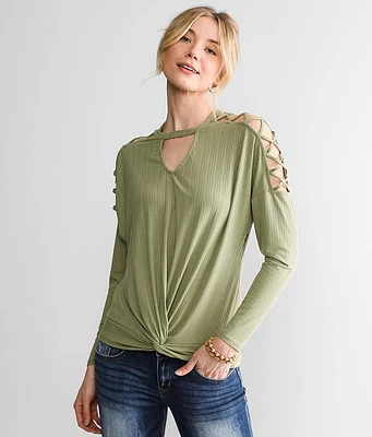 Buckle Black Ribbed Cold Shoulder Top