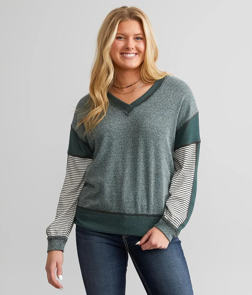 Raw Edge Pieced V-Neck Top