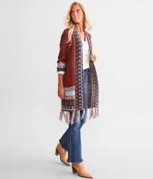 BKE Geo Print Fringe Cardigan Sweater