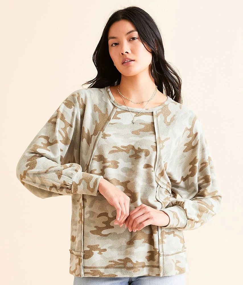 BKE Pieced Camo Print Top