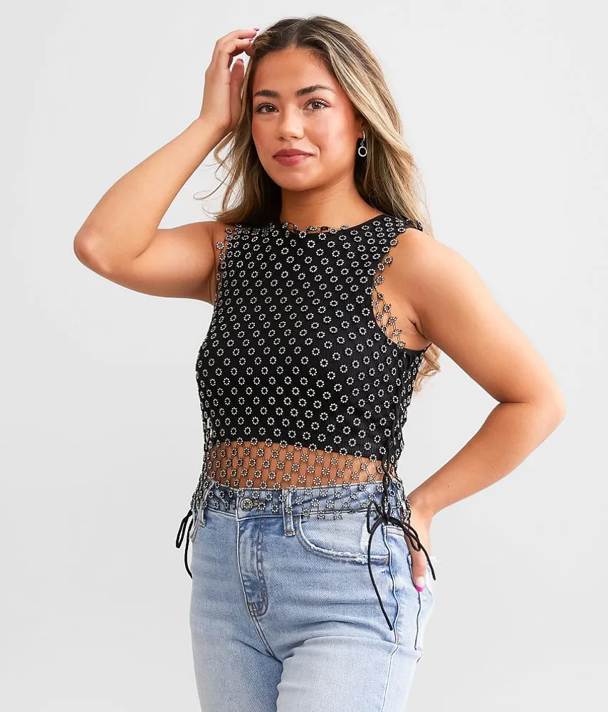 Floral Rhinestone Mesh Cropped Tank Top