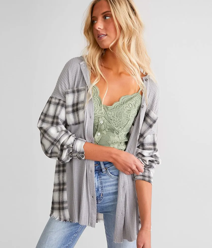 Pieced Plaid Hooded Shirt