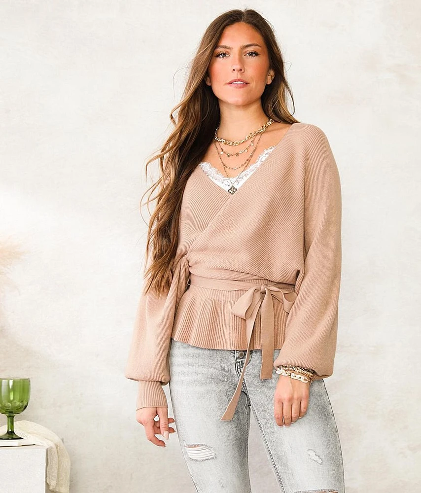 Surplice Ribbed Knit Peplum Sweater