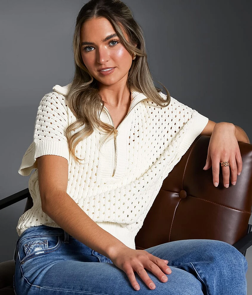 Buckle Black Pointelle Quarter Zip Sweater