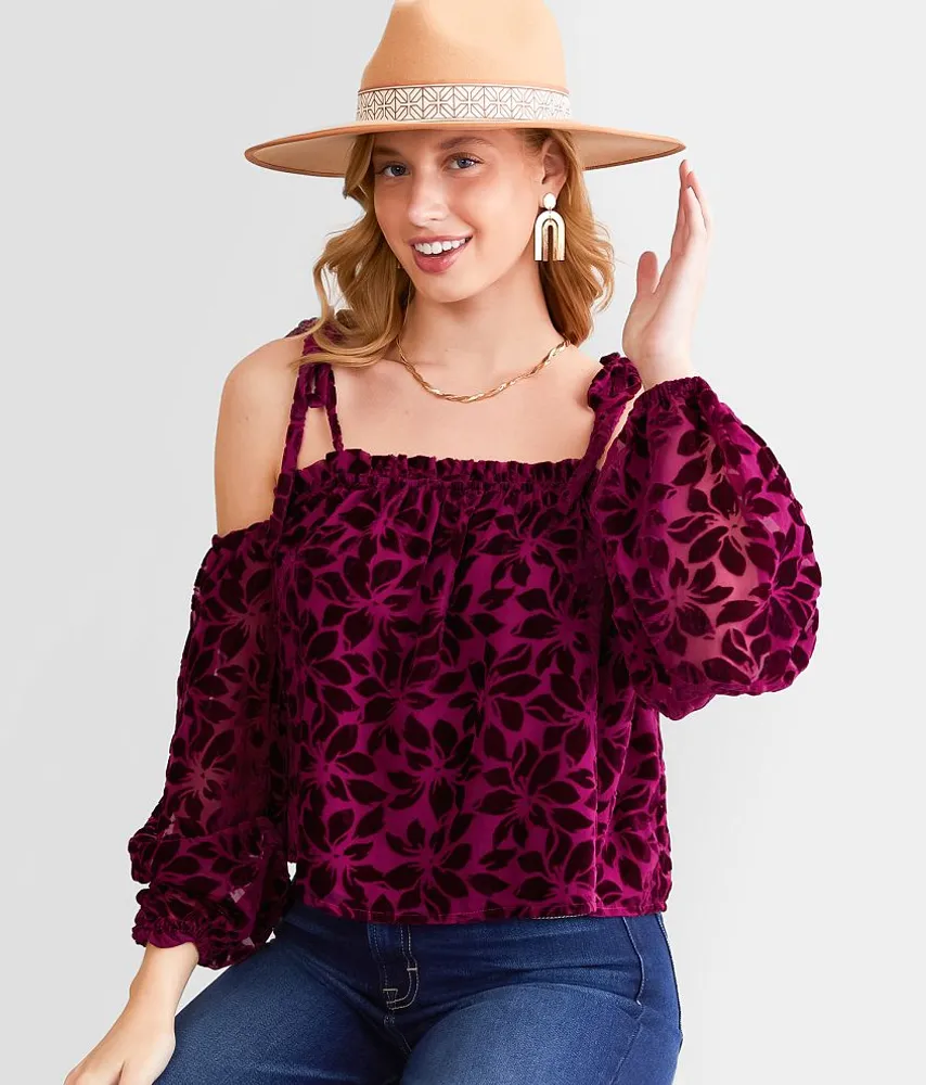 Floral Velvet Cold Shoulder Top