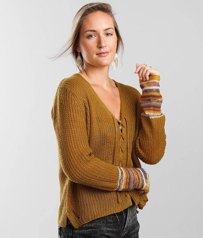 Lace-Up Striped Cardigan Sweater