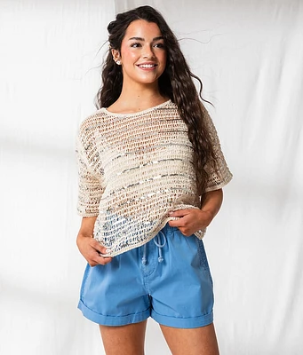33 Coastal Sequin Striped Crochet Sweater