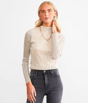 red by BKE Metallic Ribbed Mesh Cropped Top