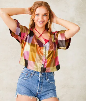 33 Coastal Checkered Satin Cropped Blouse