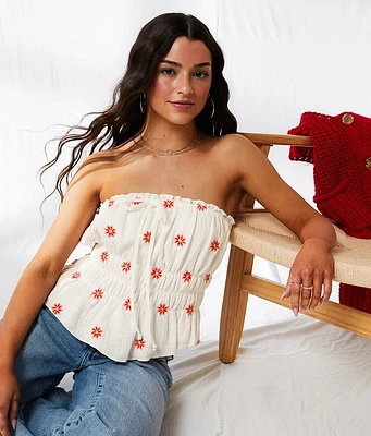 33 Coastal Embroidered Floral Peplum Tube Top