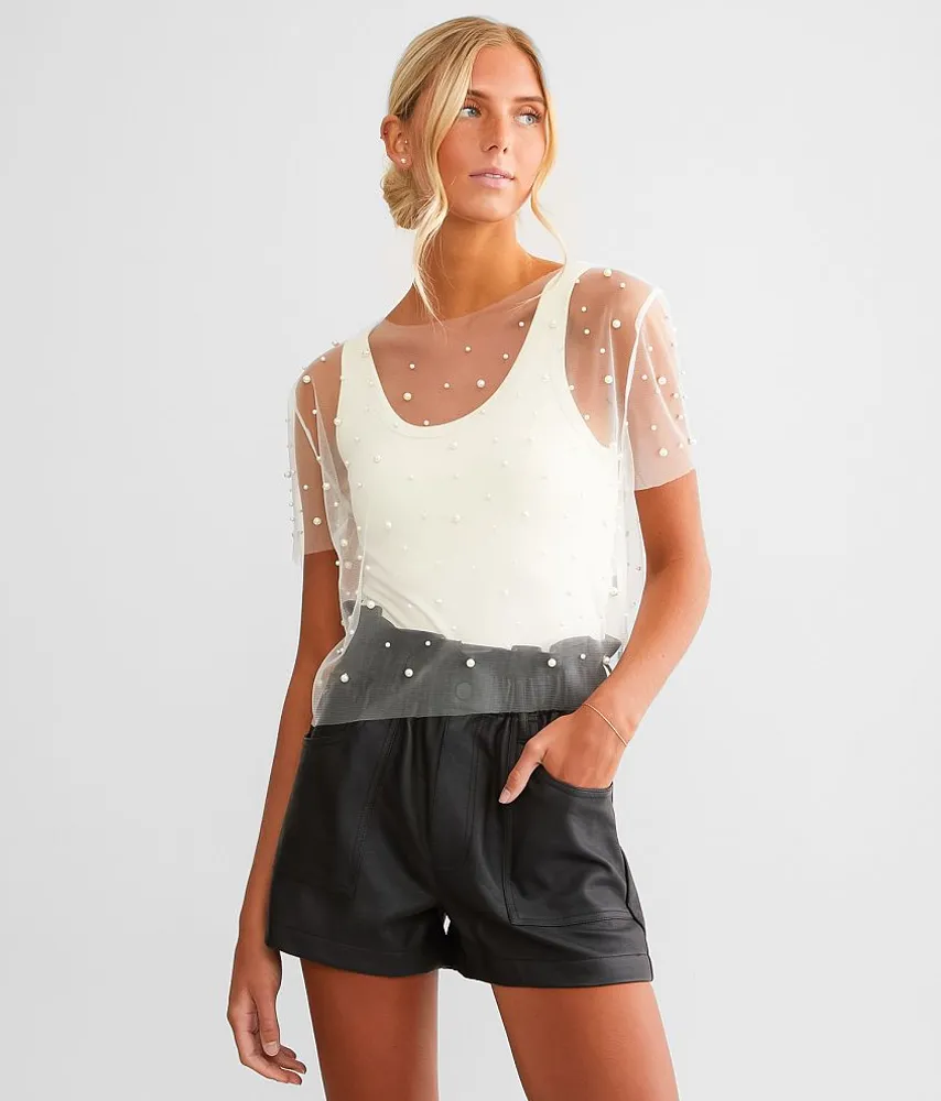 Faux Pearl Mesh Top