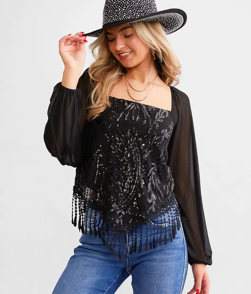 Sequin Hanky Hem Fringe Top