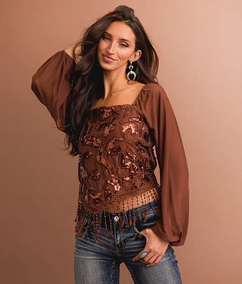 Sterling & Stitch Sequin Lace Fringe Cropped Top