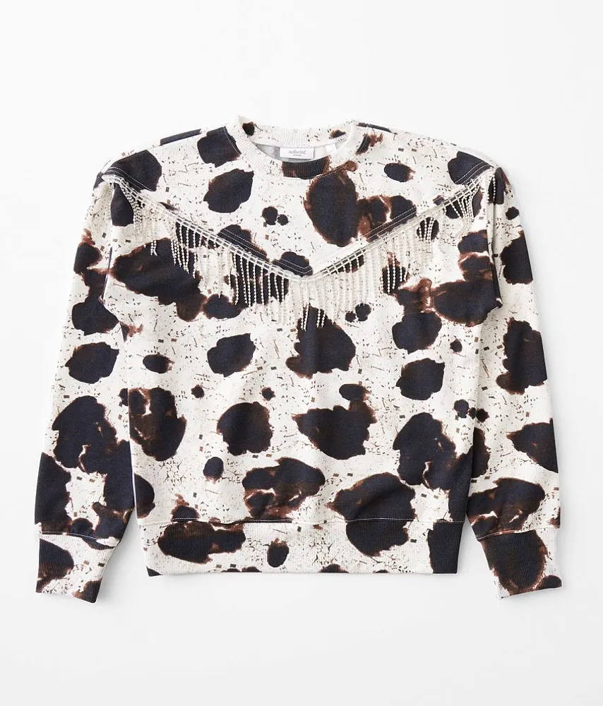 Girls - Fringe Cow Print Pullover