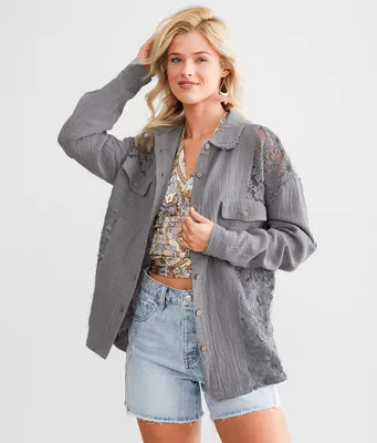 BKE Pieced Sheer Lace Shirt