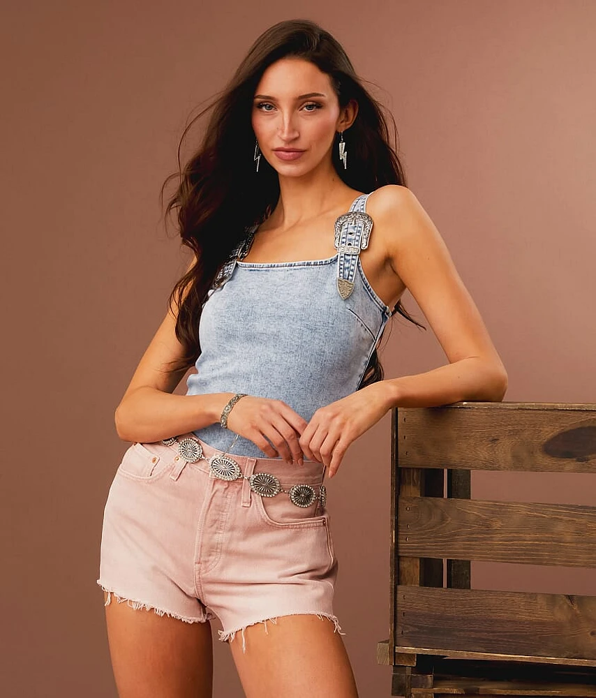 Sterling & Stitch Buckle Strap Denim Tank Top