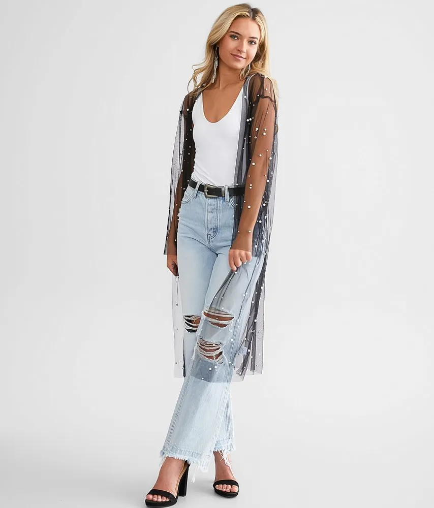 Faux Pearl Mesh Duster Cardigan