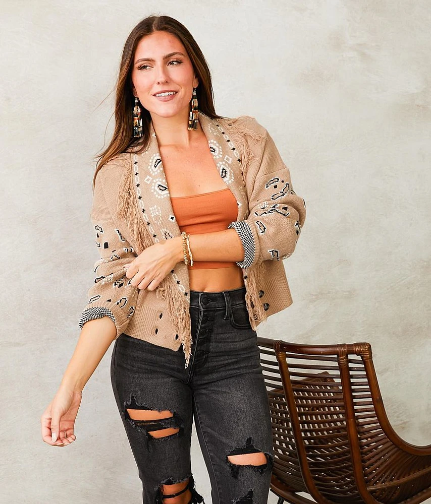 Fringe Collared Cardigan Sweater