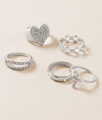 boutique by BKE 5 Pack Glitz Heart & Cross Ring Set