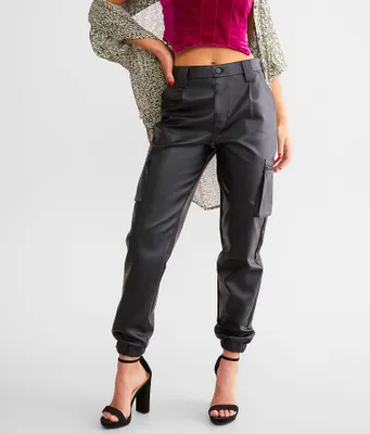 Kan Can High Rise Faux Leather Cargo Jogger