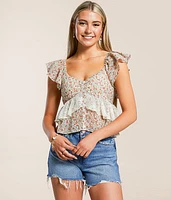 Willow & Root Floral Ruffle Chiffon Cropped Top