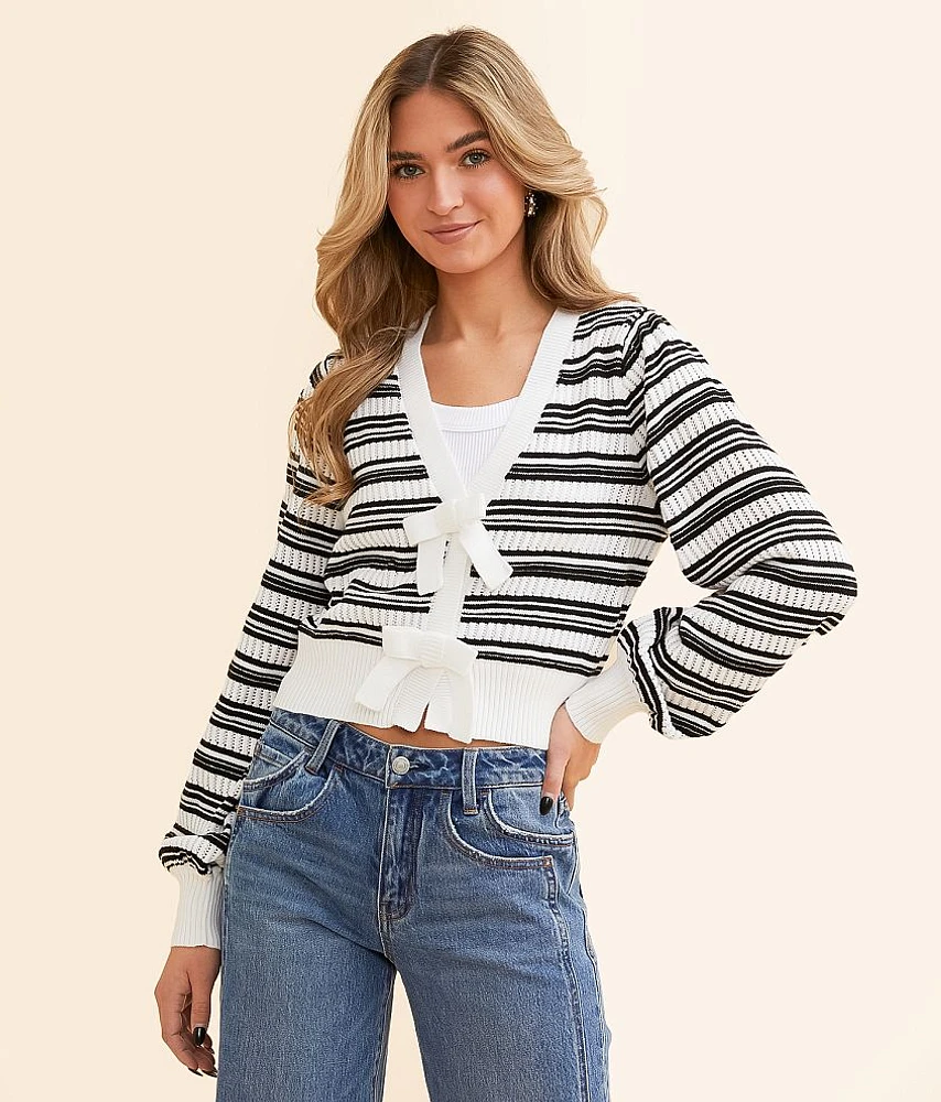 Striped Bow Cropped Cardigan Sweater