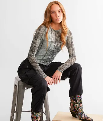 Gilded Intent Denim Print Mesh Top