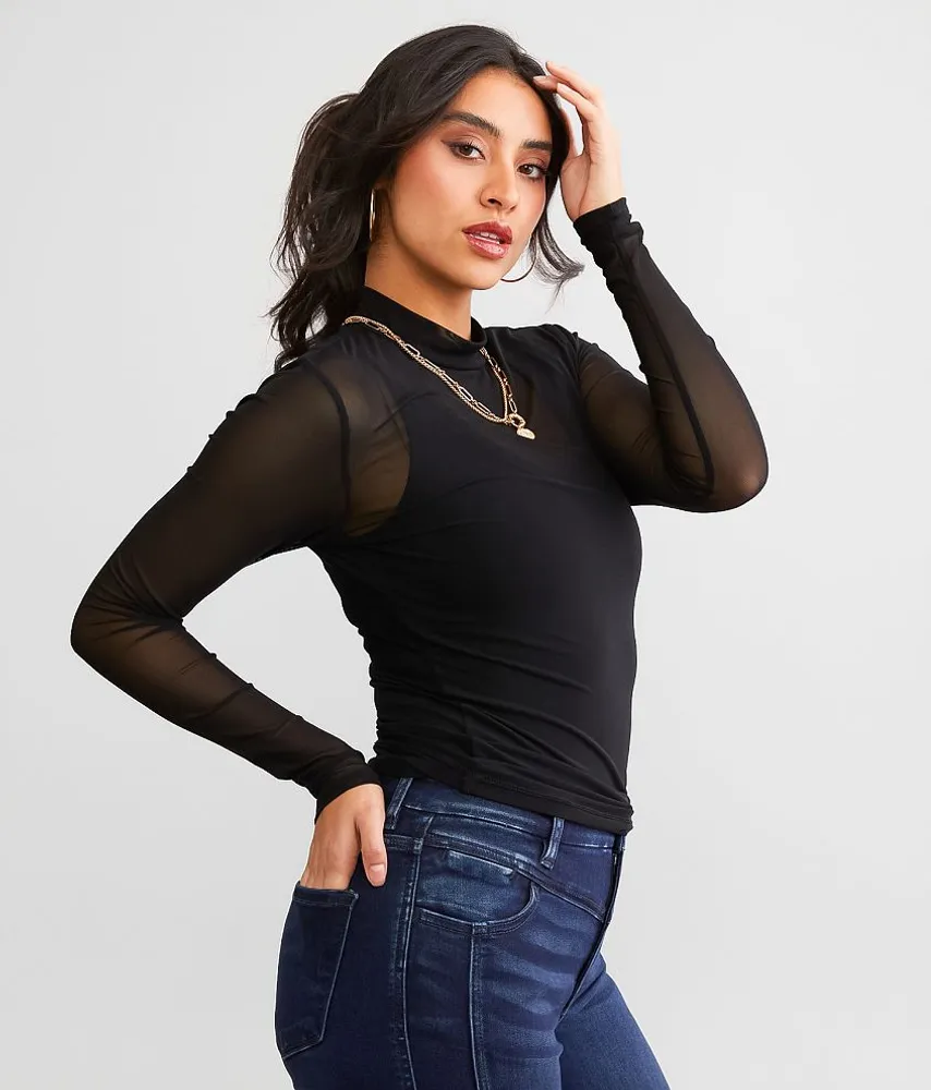 Mock Neck Mesh Top