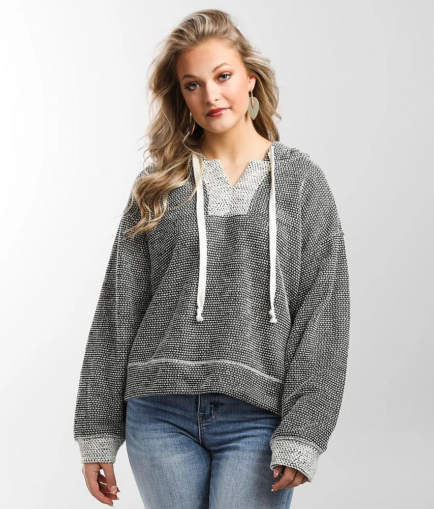 Textured Split Neck Hooded Sweatshirt