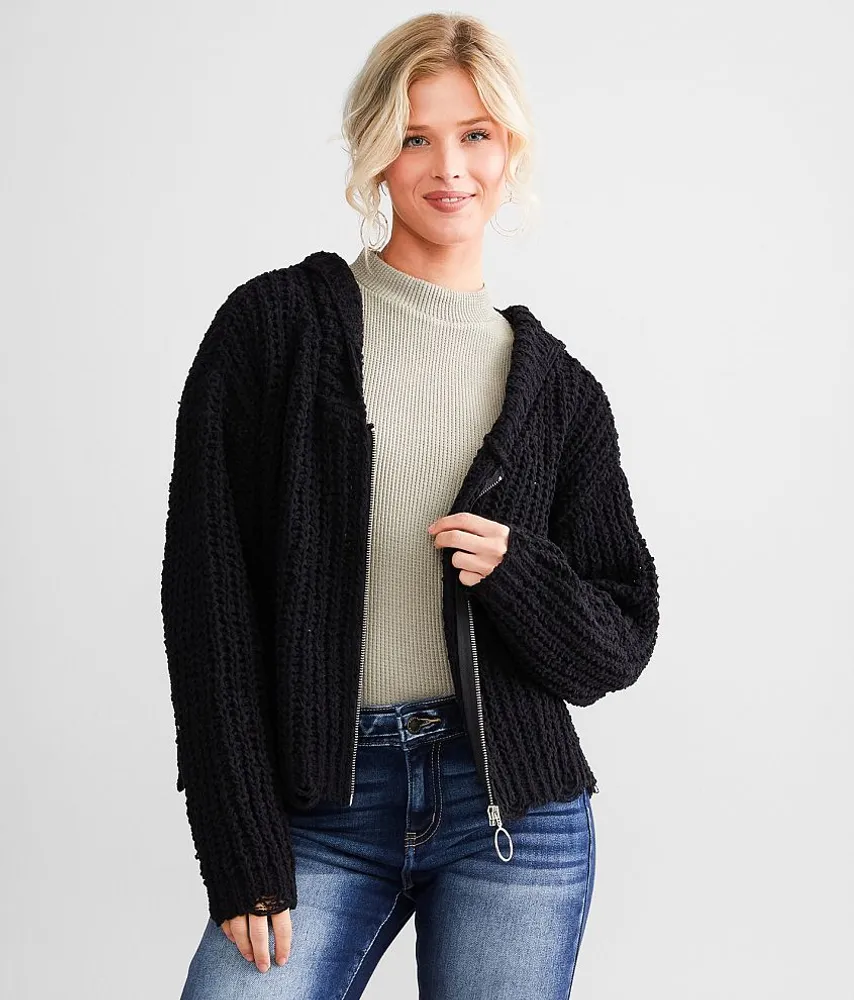 Chenille Destructed Hooded Cardigan Sweater