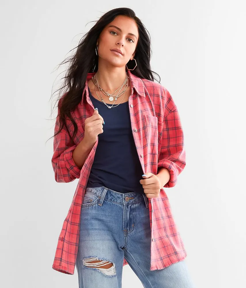 Acid Wash Plaid Boyfriend Flannel Shirt