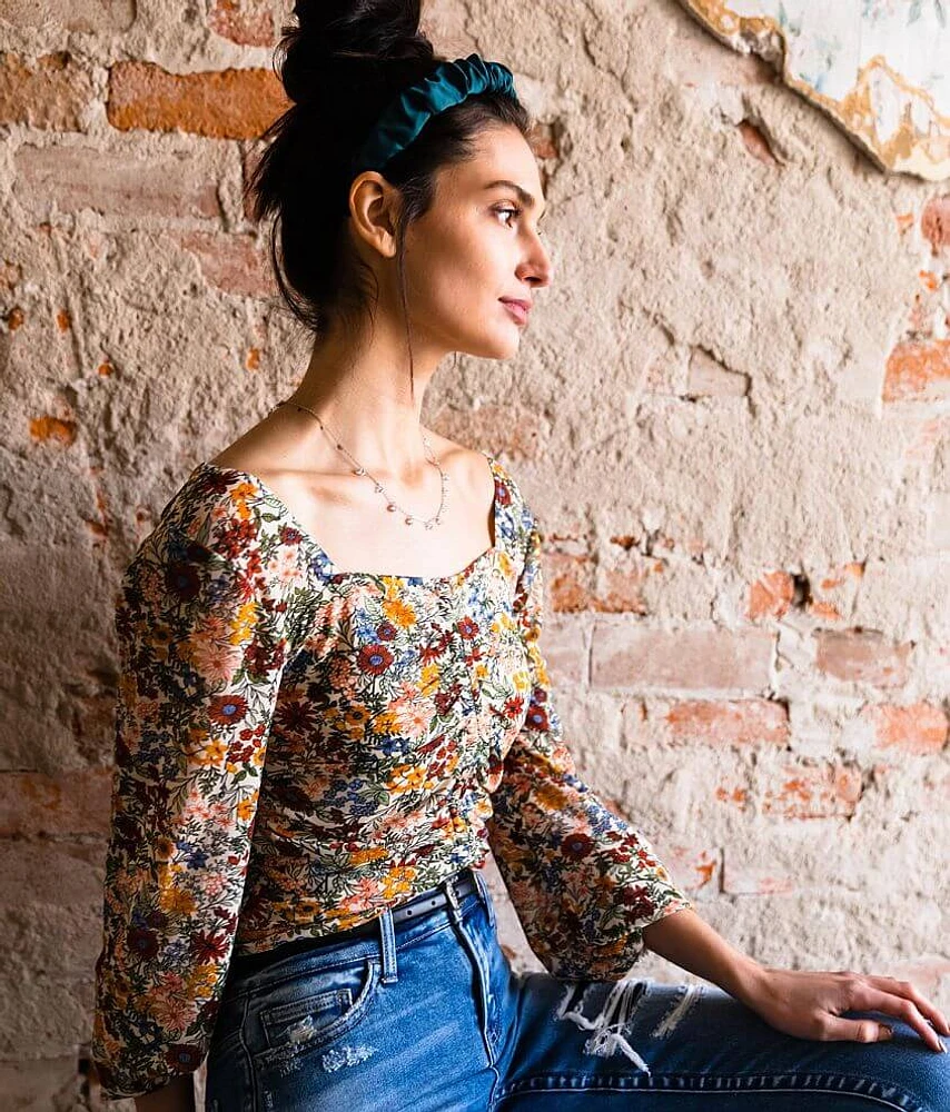Square Neck Floral Ruched Top