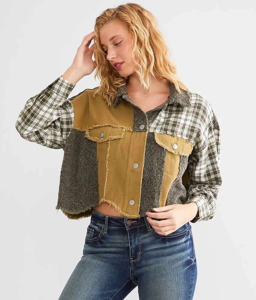 Pieced Plaid Hooded Shacket